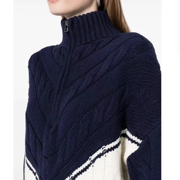 STAUD Hampton Half Zip Cable Knit Long Sweater Knit - Navy/Ivory Casual Two Tone - Picture 10 of 10